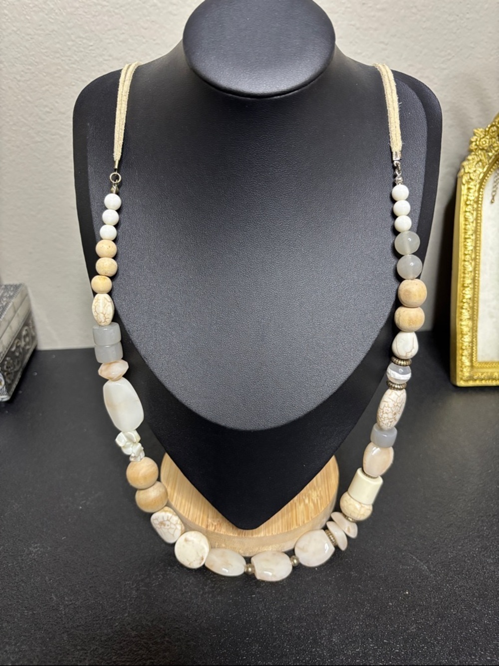 Natural Cloud Dancer Mixed Media Wood Stone Acrylic Boho Beaded Long Necklace